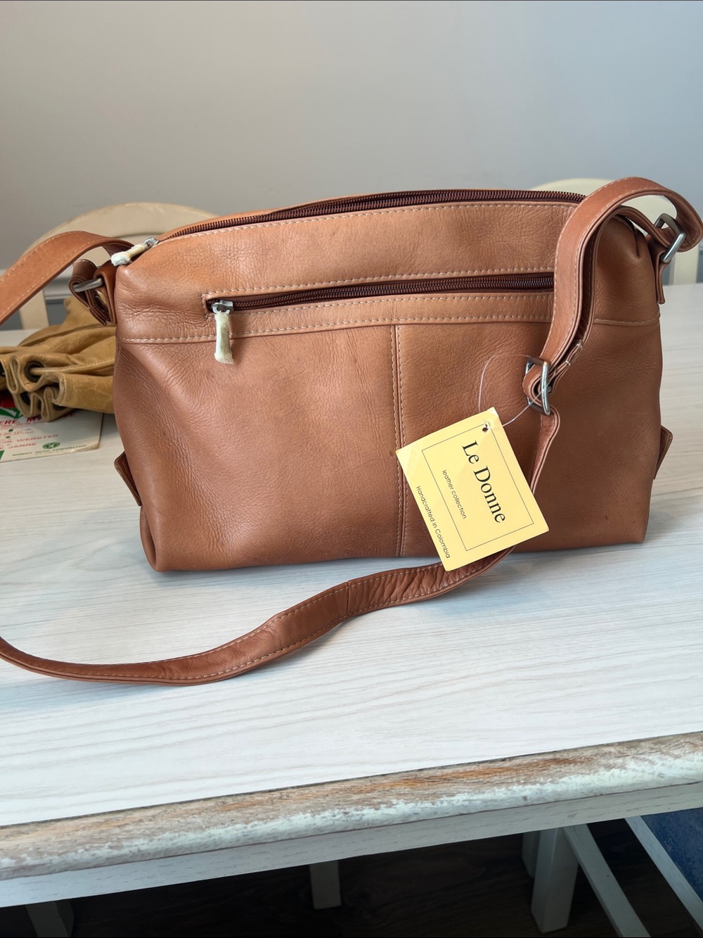 LeDonne Tan Leather large Crossbody Bag 14”w x 9” tall. Never used